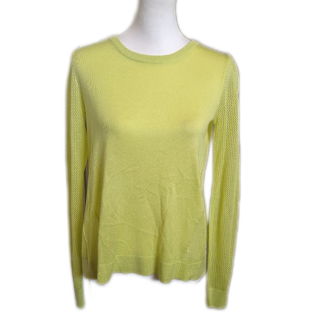 CAbi style #199 split back mesh neon lemon lime sweater, acrylic, sheer XS